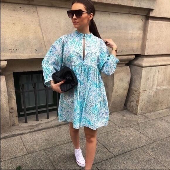 Zara Bloggers Favorite Blue Floral Poplin Dress Size Small - Picture 6 of 13